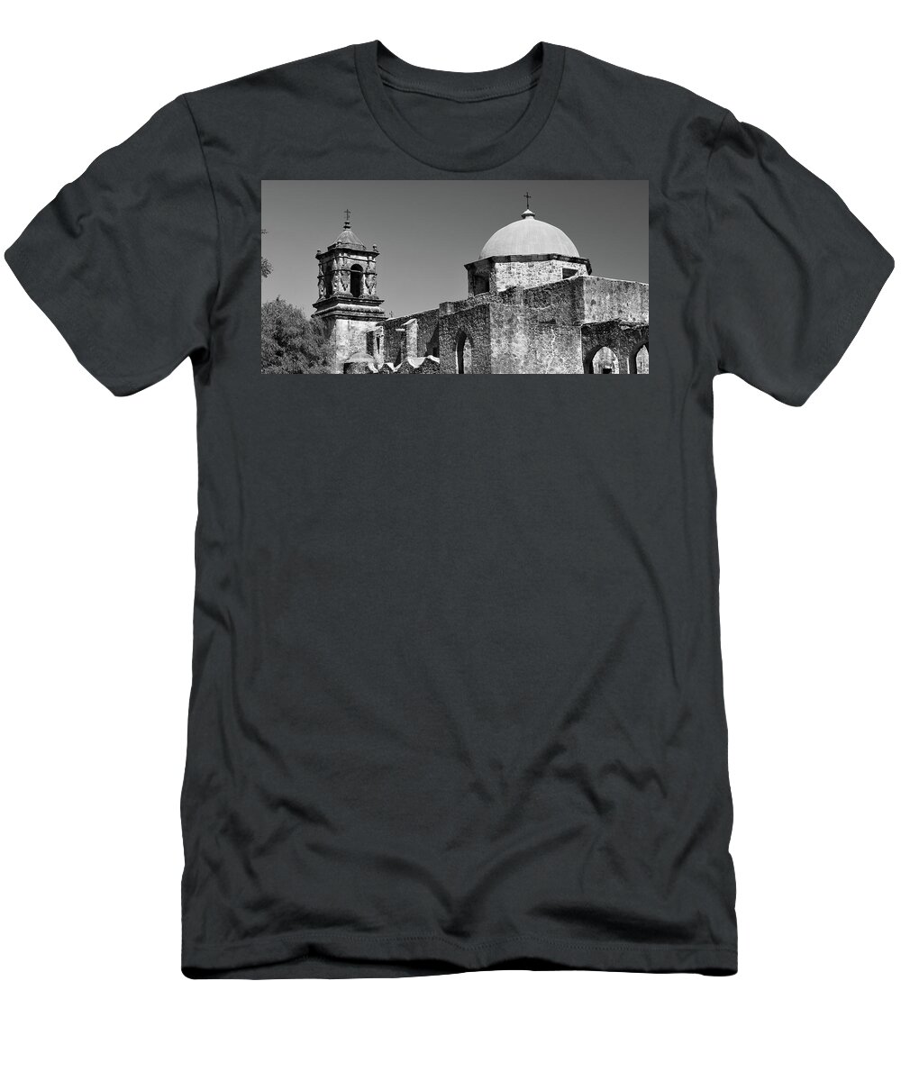 Mission San Jose T-Shirt featuring the photograph Mission San Jose Monochrome Panorama - San Antonio Texas by Gregory Ballos