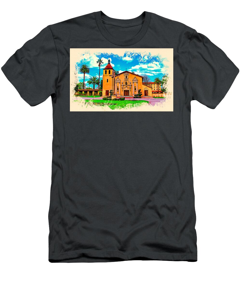 Mission Santa Clara T-Shirt featuring the digital art Mission Santa Clara de Asis, watercolor painting by Nicko Prints
