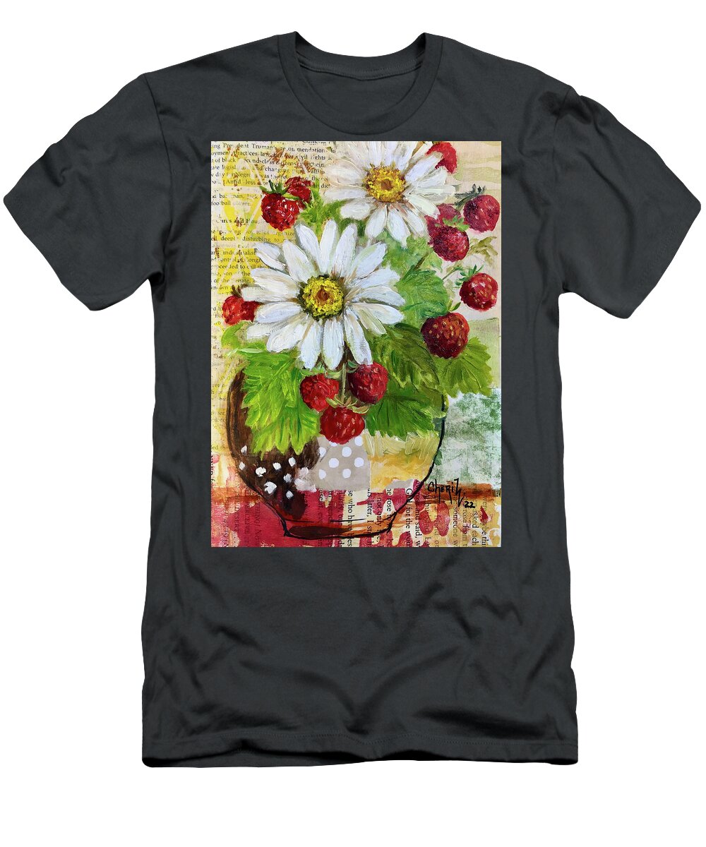 Strawberry Painting T-Shirt featuring the painting Mixed Media Daisies And Strawberries by Cheri Wollenberg