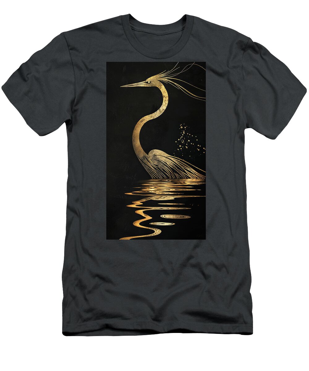 Heron T-Shirt featuring the painting Modern Heron in Black and Gold by Lourry Legarde