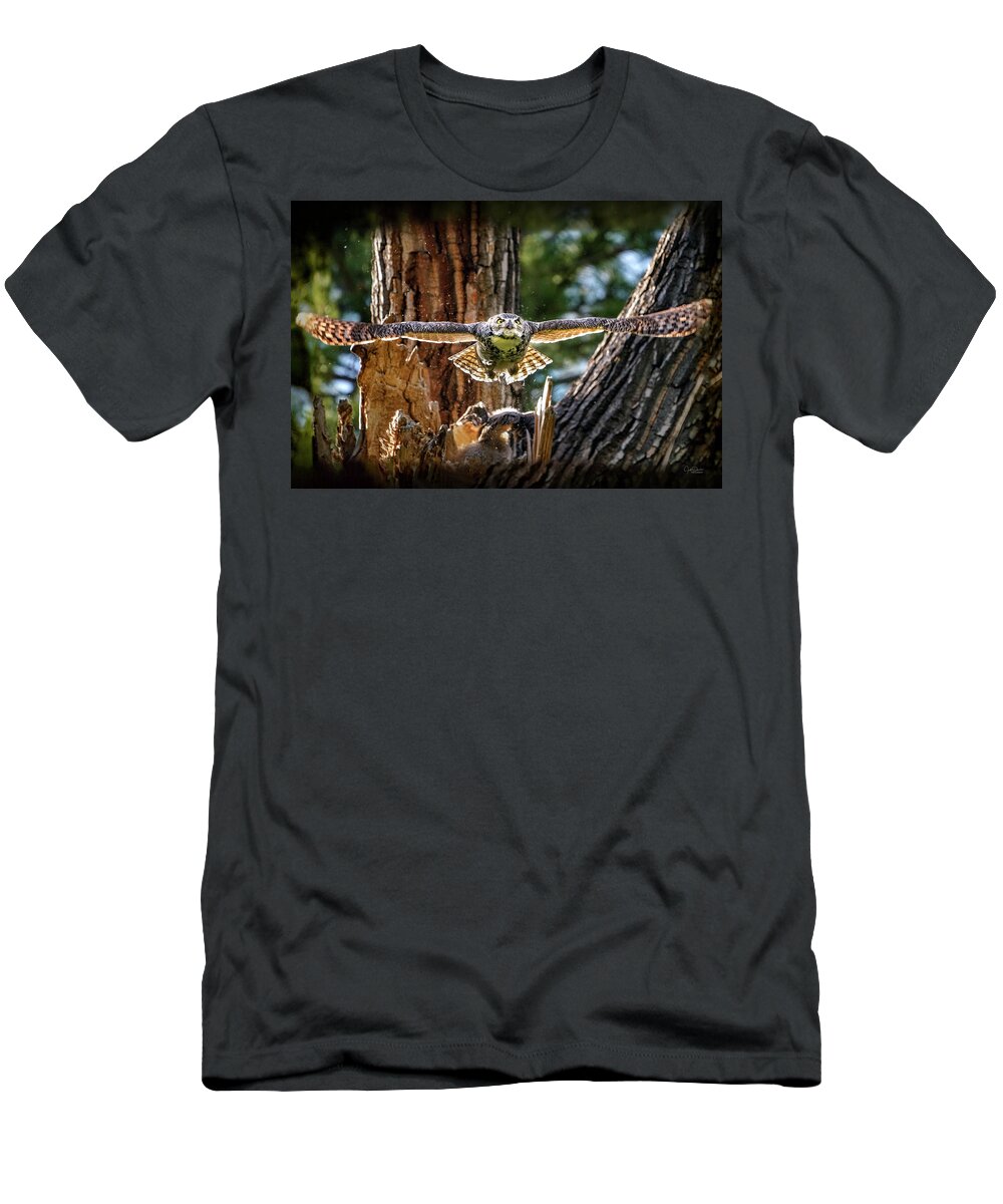 Great Horned Owls T-Shirt featuring the photograph Momma Great Horned Owl Blasting out of the Nest by Judi Dressler