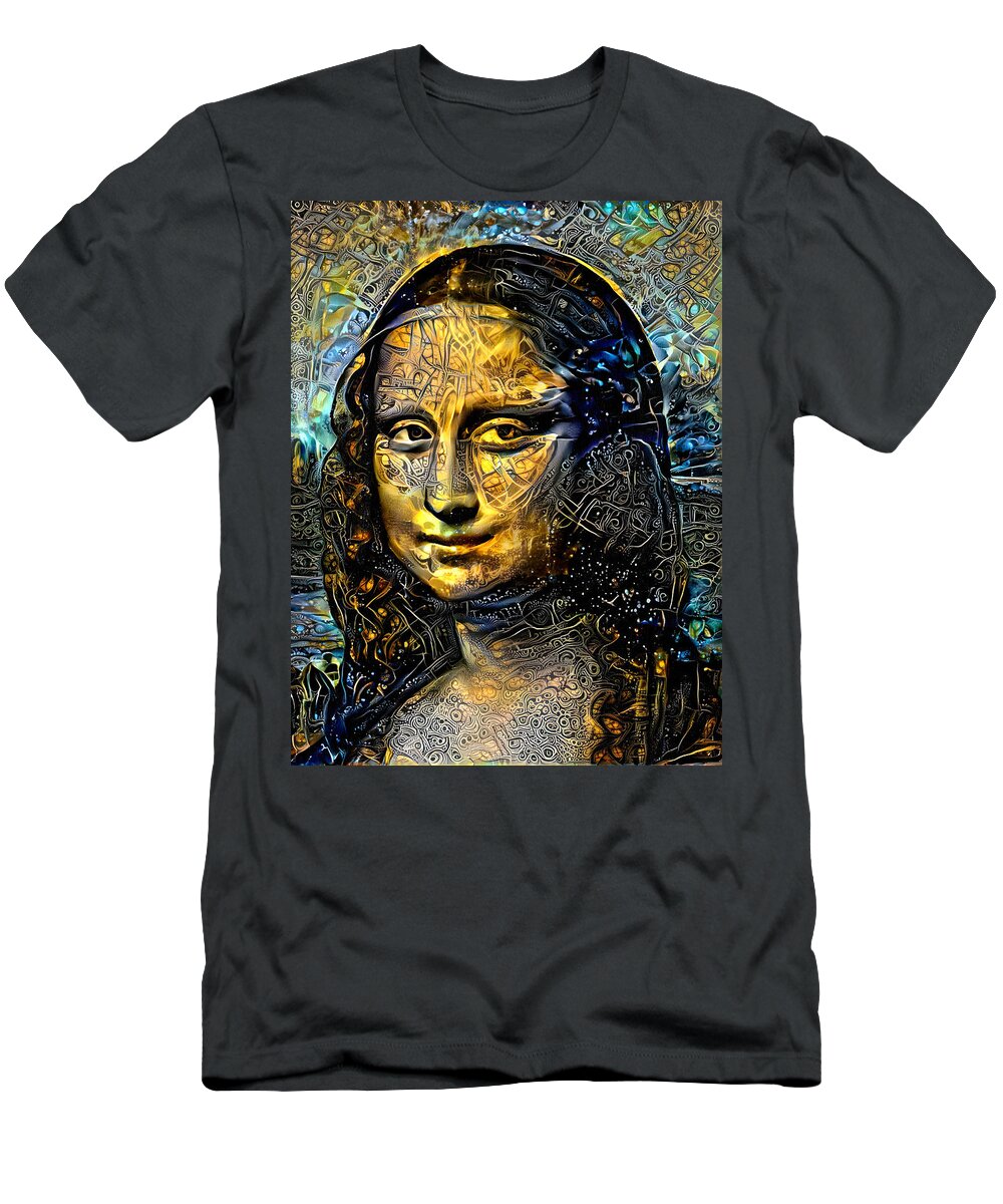Mona Lisa T-Shirt featuring the digital art Mona Lisa by Leonardo da Vinci - golden night design by Nicko Prints