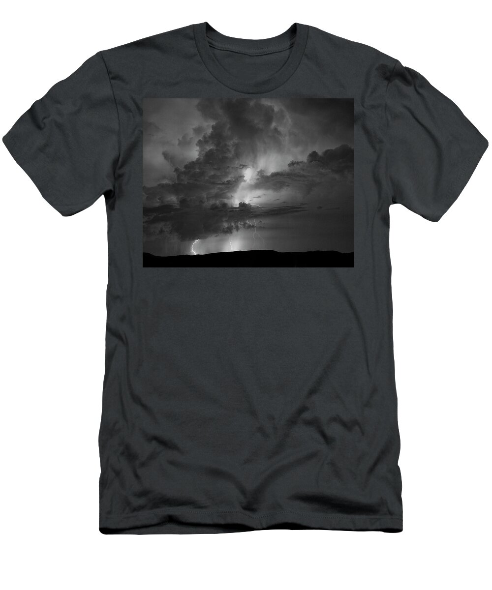 Lightning T-Shirt featuring the photograph Monochrome View of Summer Lightning Strikes by Charles Floyd