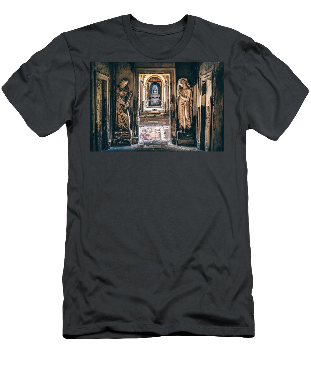 Monumental T-Shirt featuring the photograph Monumental Cemetery Symmetrical Corridor Background Of Mysterious Places by Luca Lorenzelli