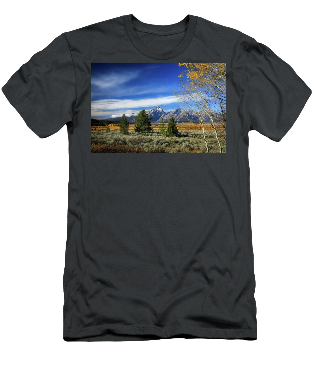 Beautiful Autumn Landscape In Grand Teton National Park T-Shirt featuring the photograph Moody Autumn Morning In Grand Teton National Park by Dan Sproul