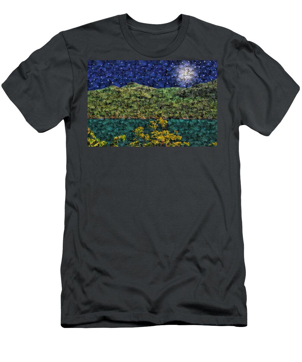 Moon T-Shirt featuring the digital art Moon and Stars Over Huletts on Lake George by Russel Considine