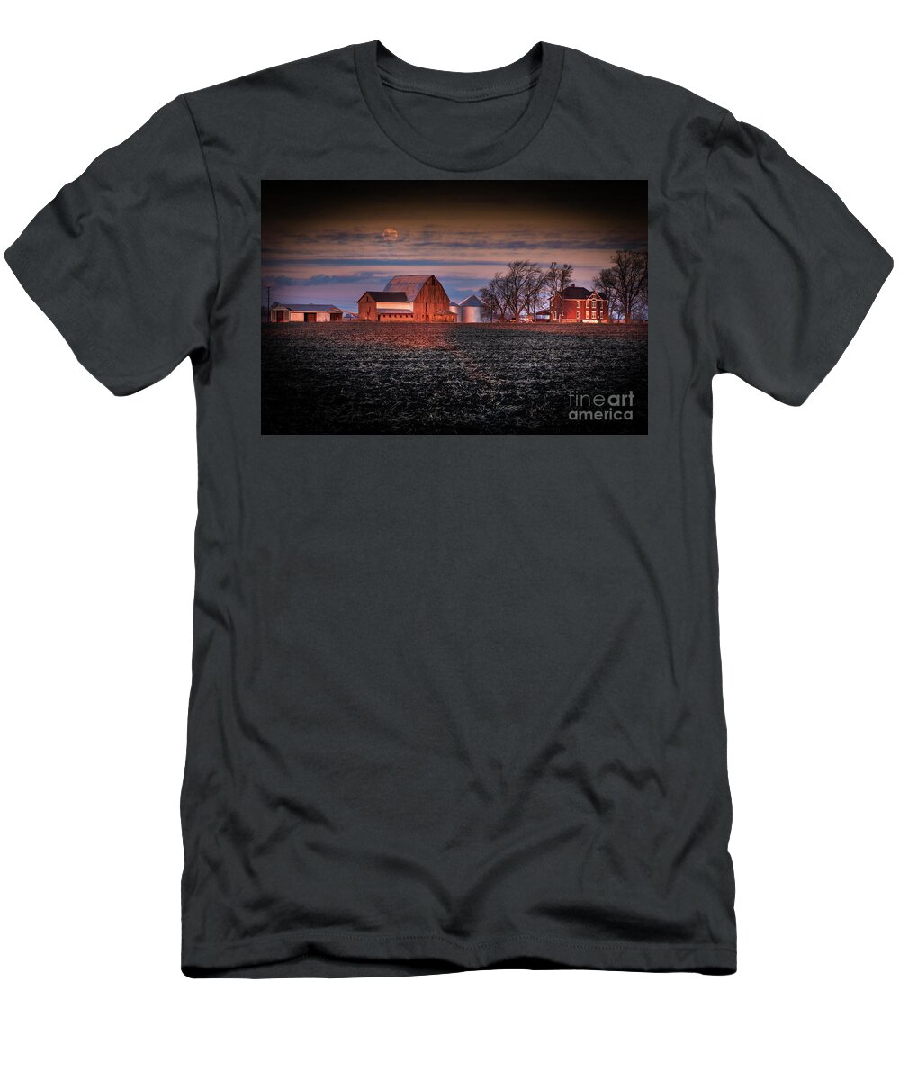 Moon T-Shirt featuring the photograph Moon over an Illinois Farm by Sandra Rust