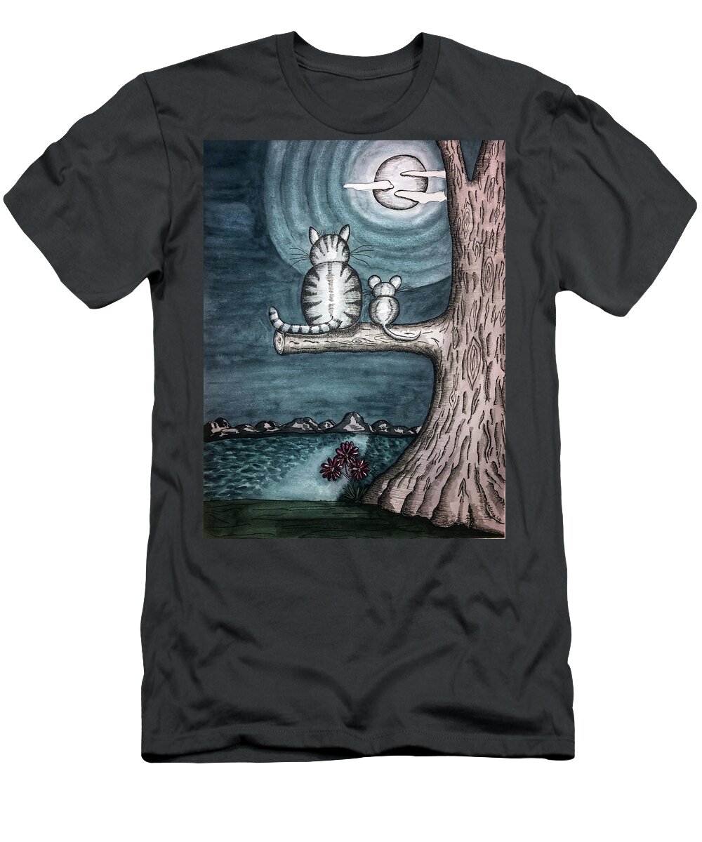 Landscape T-Shirt featuring the painting Moonlight Cat and Mouse by Christina Wedberg