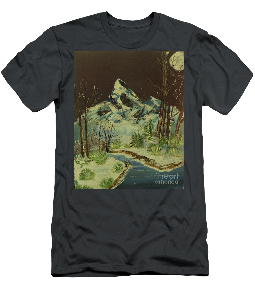 Mountains T-Shirt featuring the painting Moonlight In The Mountains Painting # 296 by Donald Northup