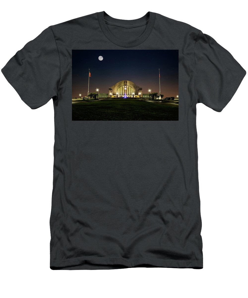 City T-Shirt featuring the photograph Moonlight Over Union Terminal by Ed Taylor