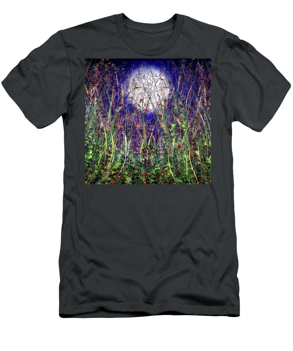 Art T-Shirt featuring the painting Moonlight Shadows Over Honey Meadow Flowers by Lena Owens - OLena Art Vibrant Palette Knife and Graphic Design