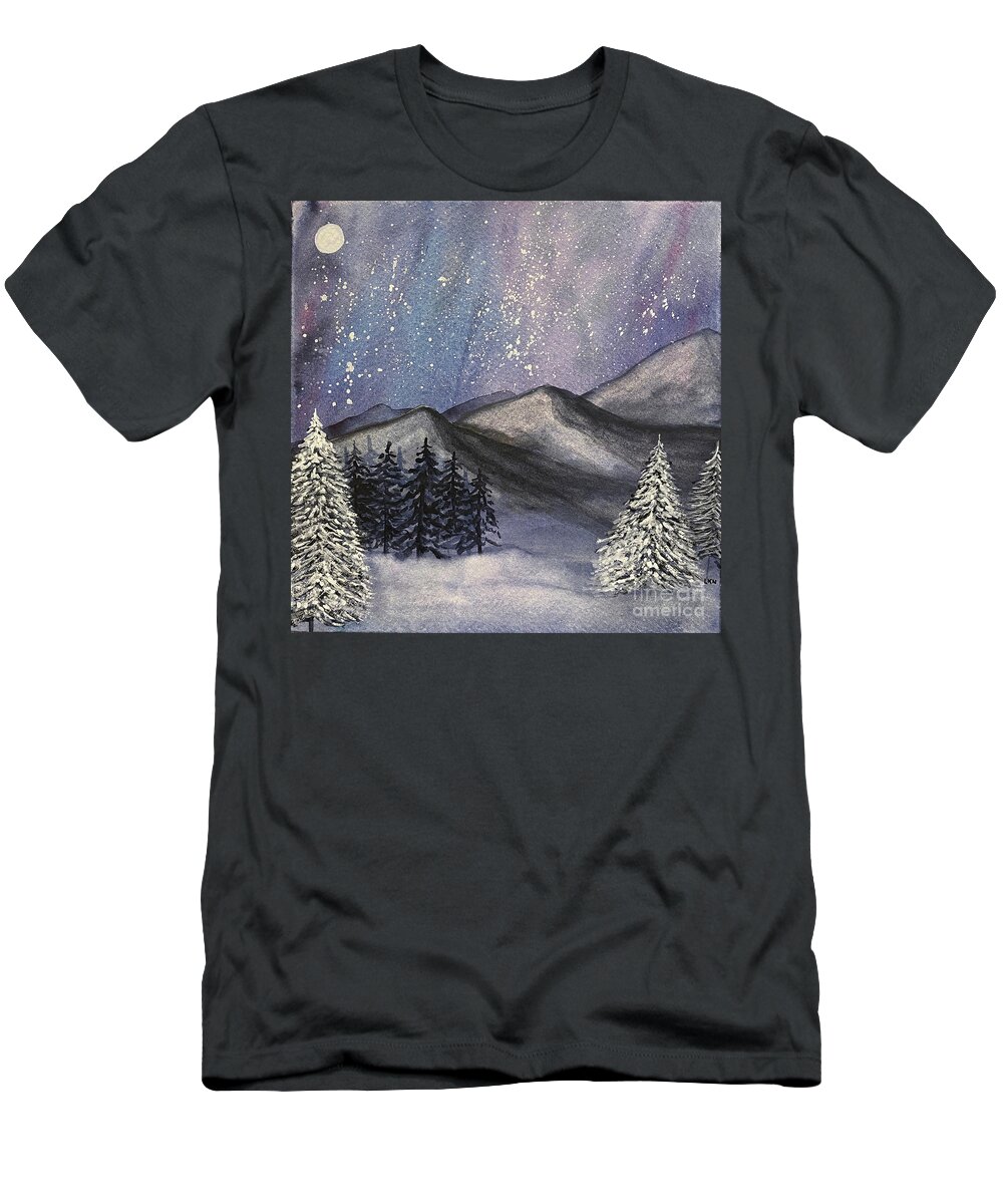 Mountains T-Shirt featuring the painting Moonlit Mountains by Lisa Neuman