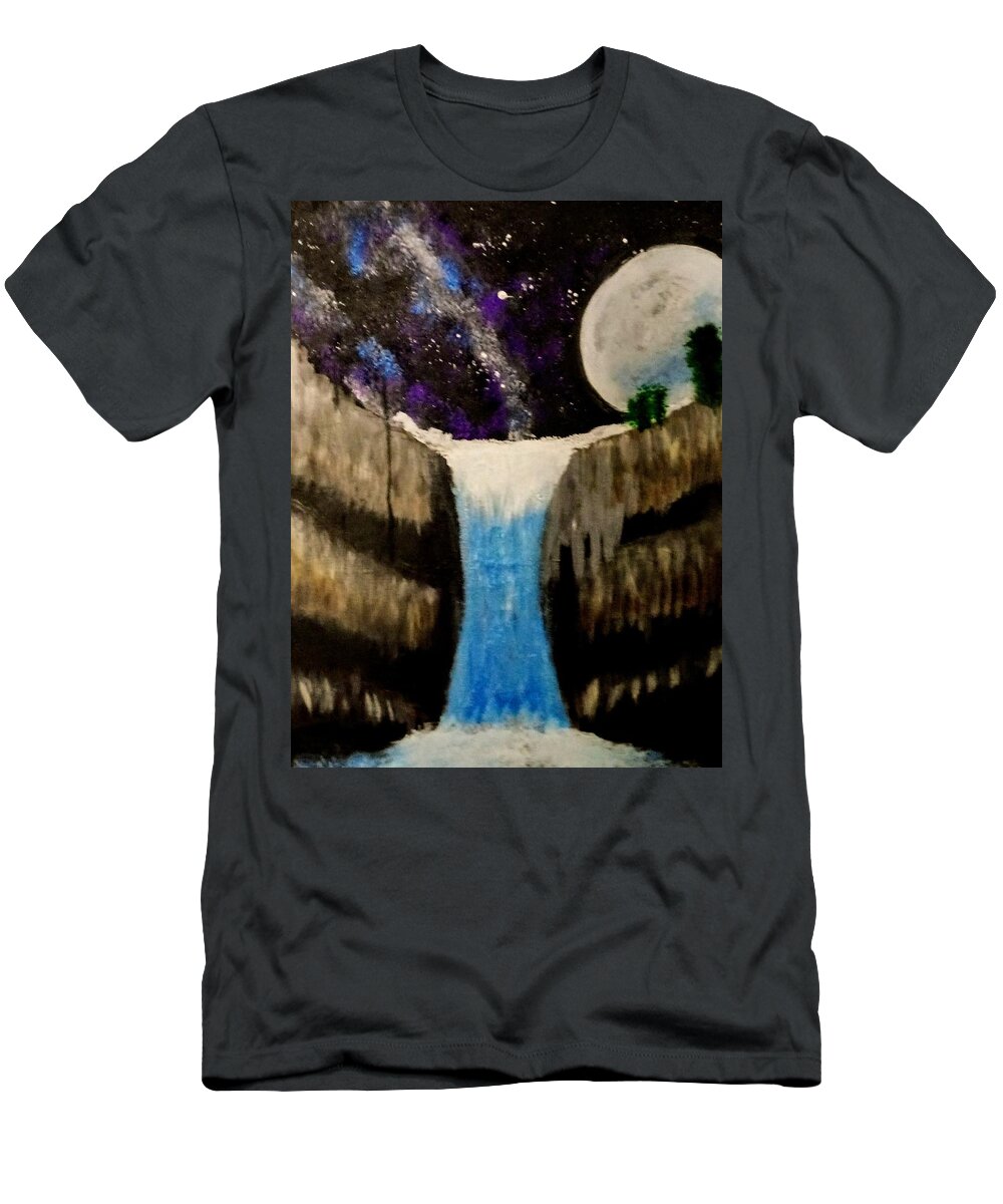 Moon T-Shirt featuring the painting Moonlite Waterfall by Anna Adams