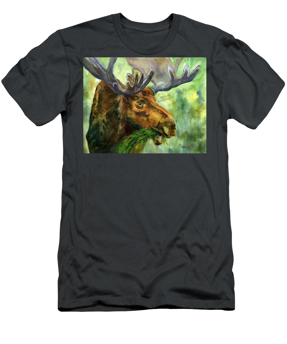 Moose T-Shirt featuring the painting Moose Outside by Joan Chlarson