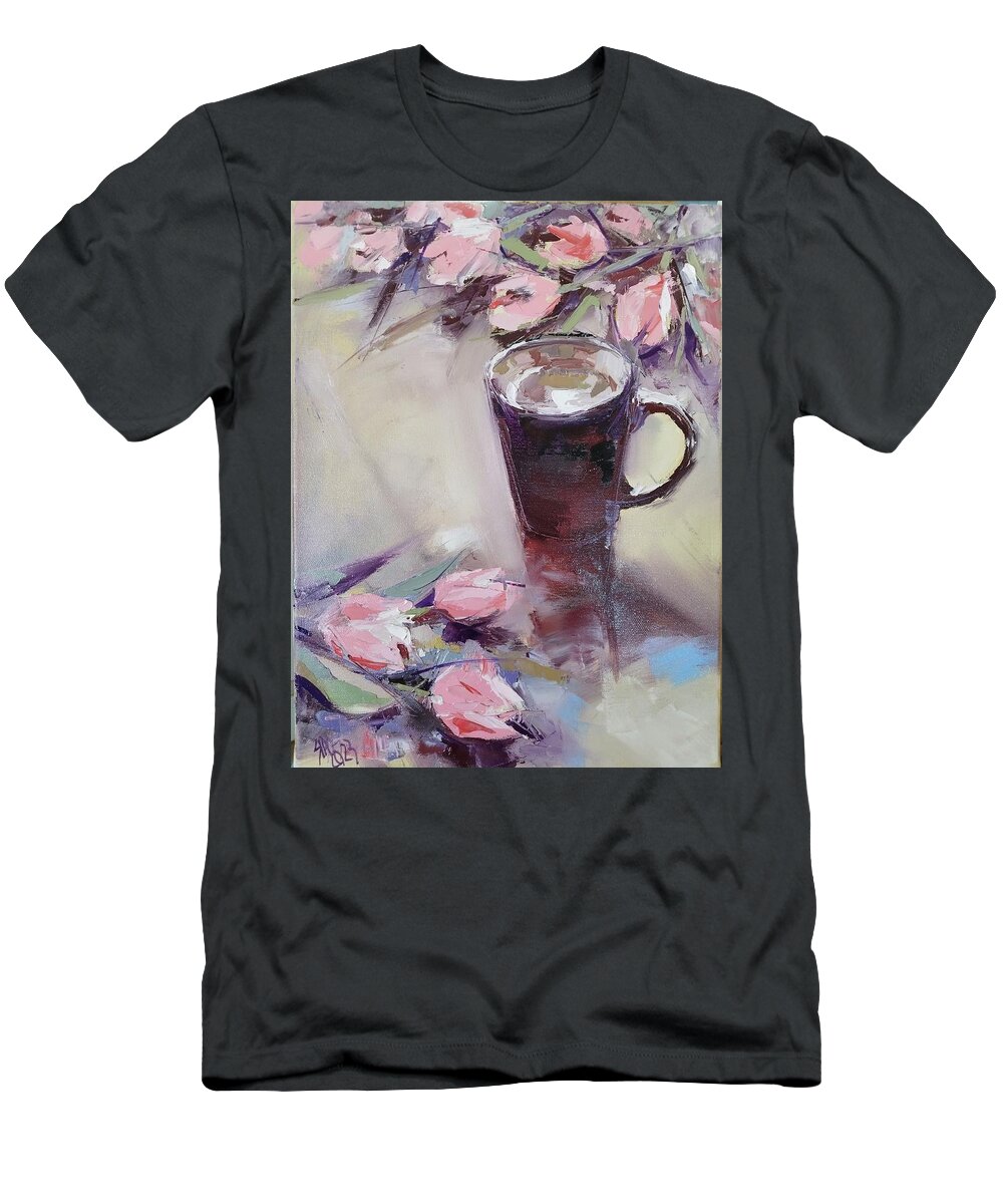 Spring T-Shirt featuring the painting Morning cafe with tulip bouquet. by Lorand Sipos