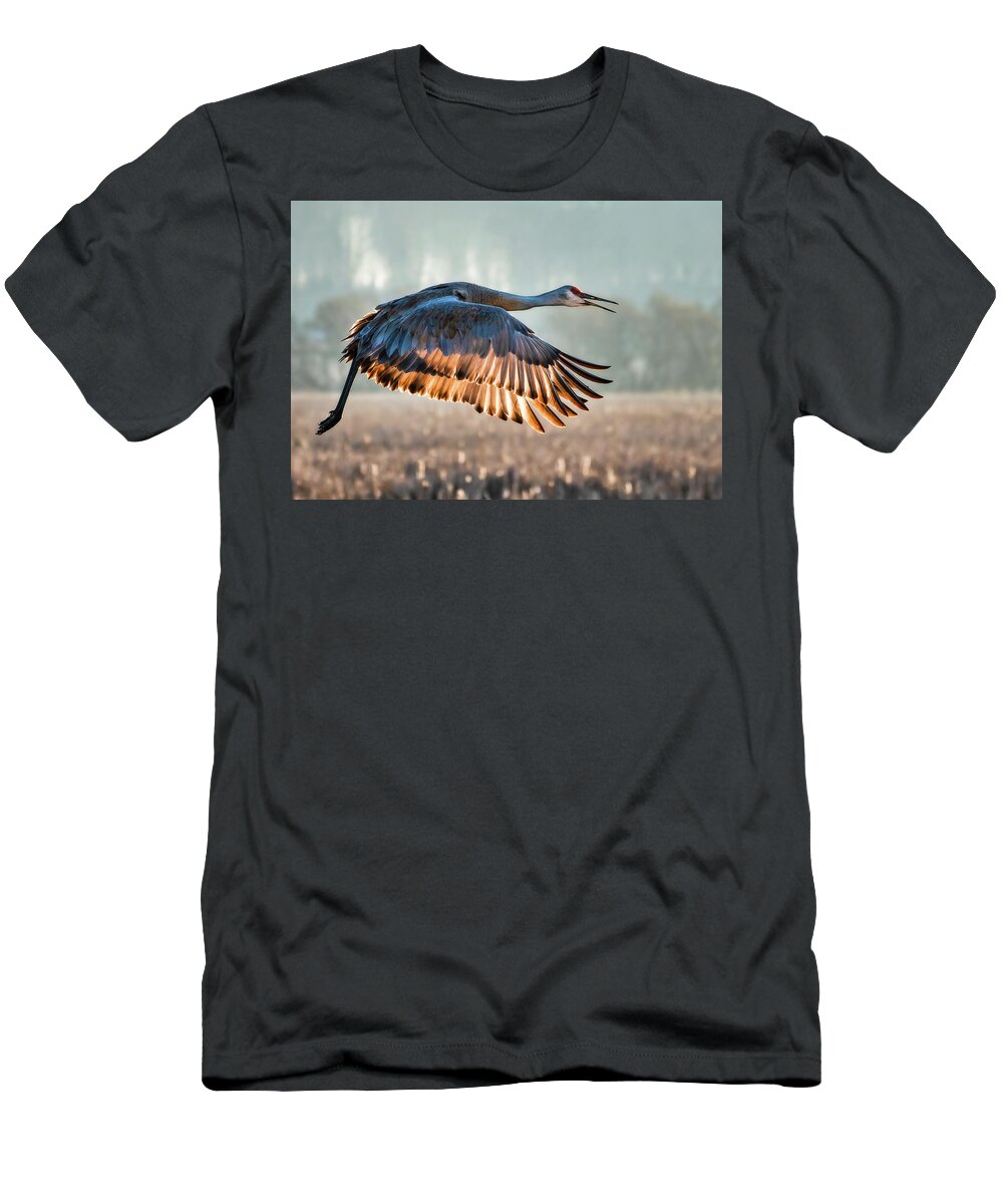 Crane T-Shirt featuring the photograph Morning Flight by Brad Bellisle