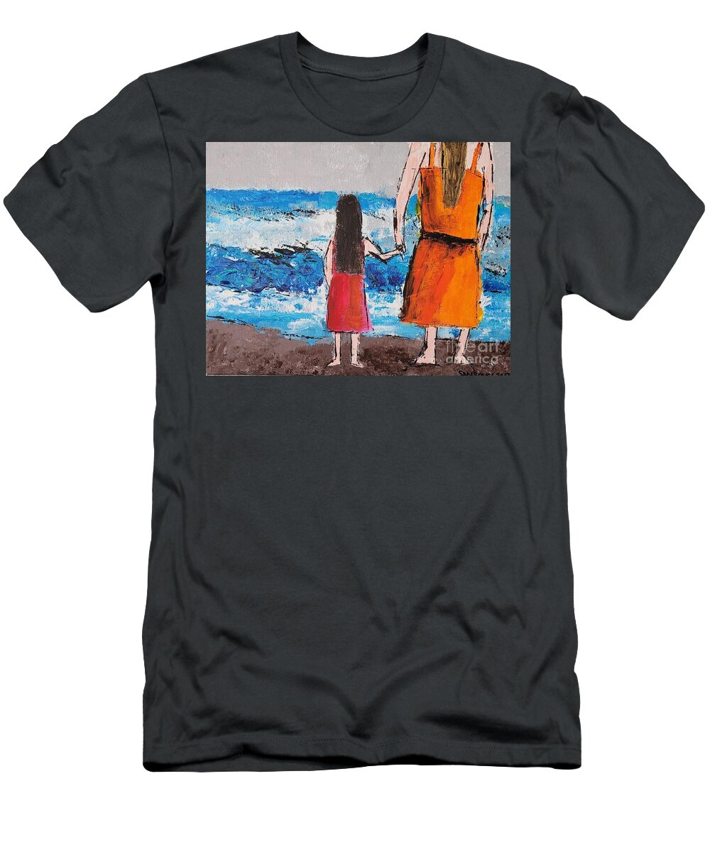  T-Shirt featuring the painting The Mother Daughter at the Beach by Mark SanSouci