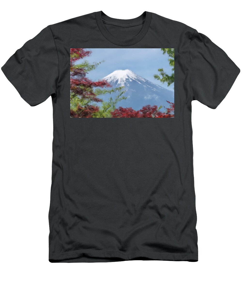 Mt. Fuji T-Shirt featuring the painting Mount Fuji and Red and Green Leaves by Gary Arnold