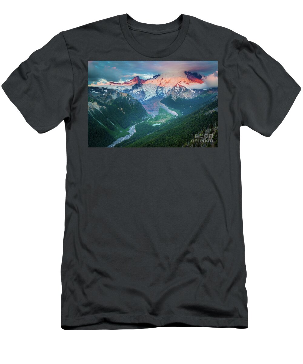 America T-Shirt featuring the photograph Mount Rainier and White River by Inge Johnsson