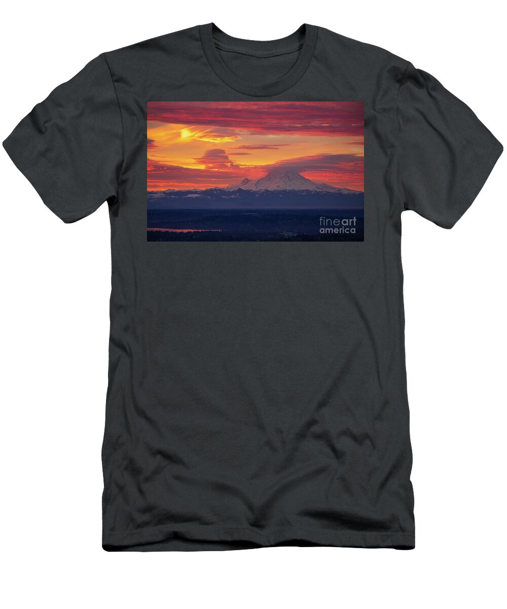 Mount Rainier T-Shirt featuring the photograph Mount Rainier Morning Fire by Mike Reid