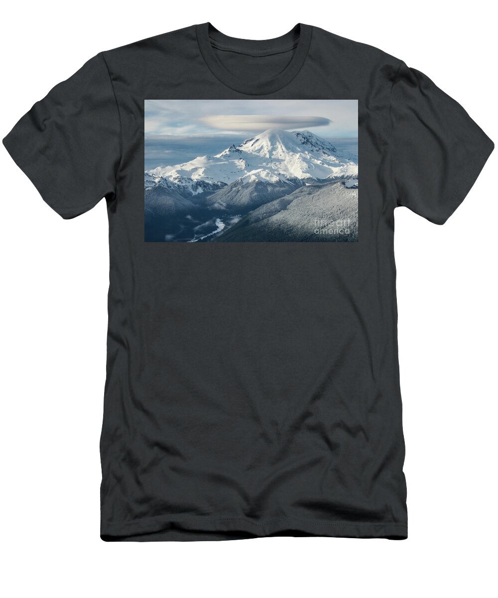Mount Rainier T-Shirt featuring the photograph Mount Rainier with Large Lenticular Cloud by Nancy Gleason