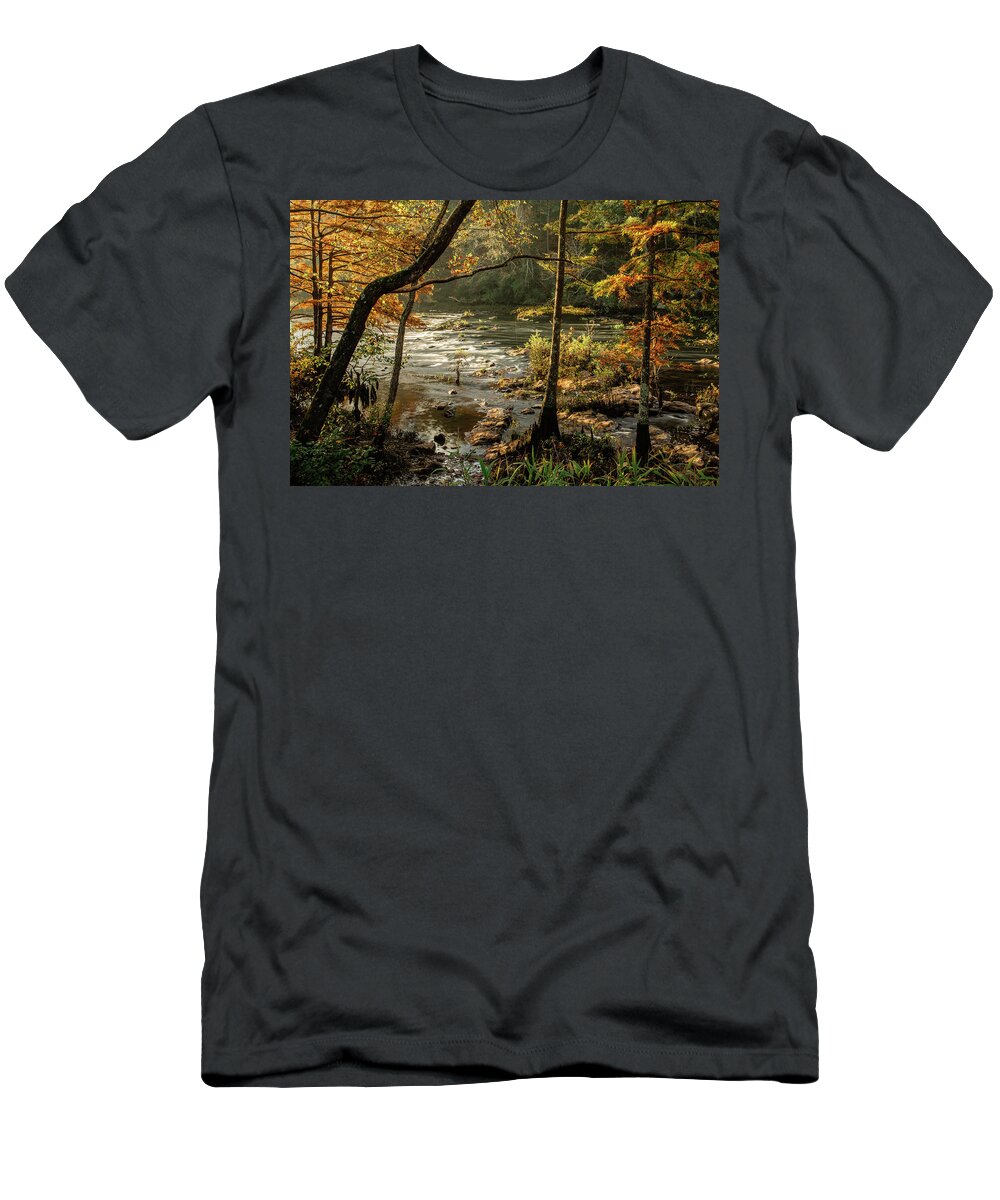 Cypress Trees T-Shirt featuring the photograph Mountain Fork River in Fall Morning by Iris Greenwell