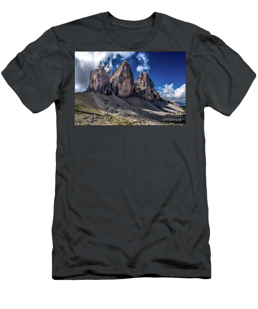 Alpine T-Shirt featuring the photograph Mountain Formation Tre Cime Di Lavaredo In The Dolomites Of South Tirol In Italy by Andreas Berthold