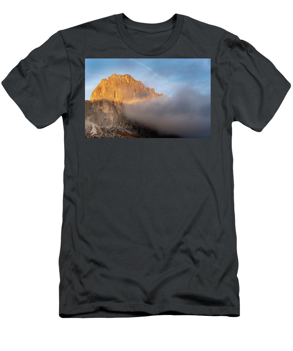 Passo Sella T-Shirt featuring the photograph Mountain peaks during sunrise. Dolomit, Italy by Michalakis Ppalis