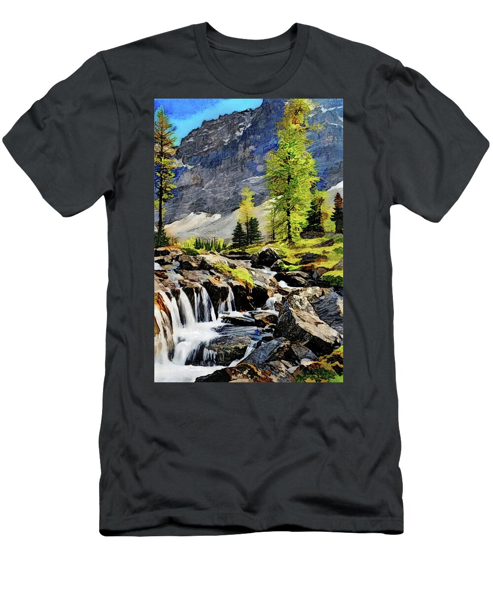 High T-Shirt featuring the painting Mountain Stream by Russ Harris