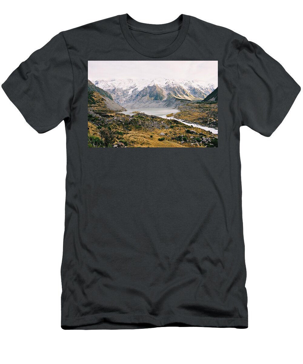 Lakemueller T-Shirt featuring the photograph Mueller Glacier Lake and Moraine by Stephen Mitchell