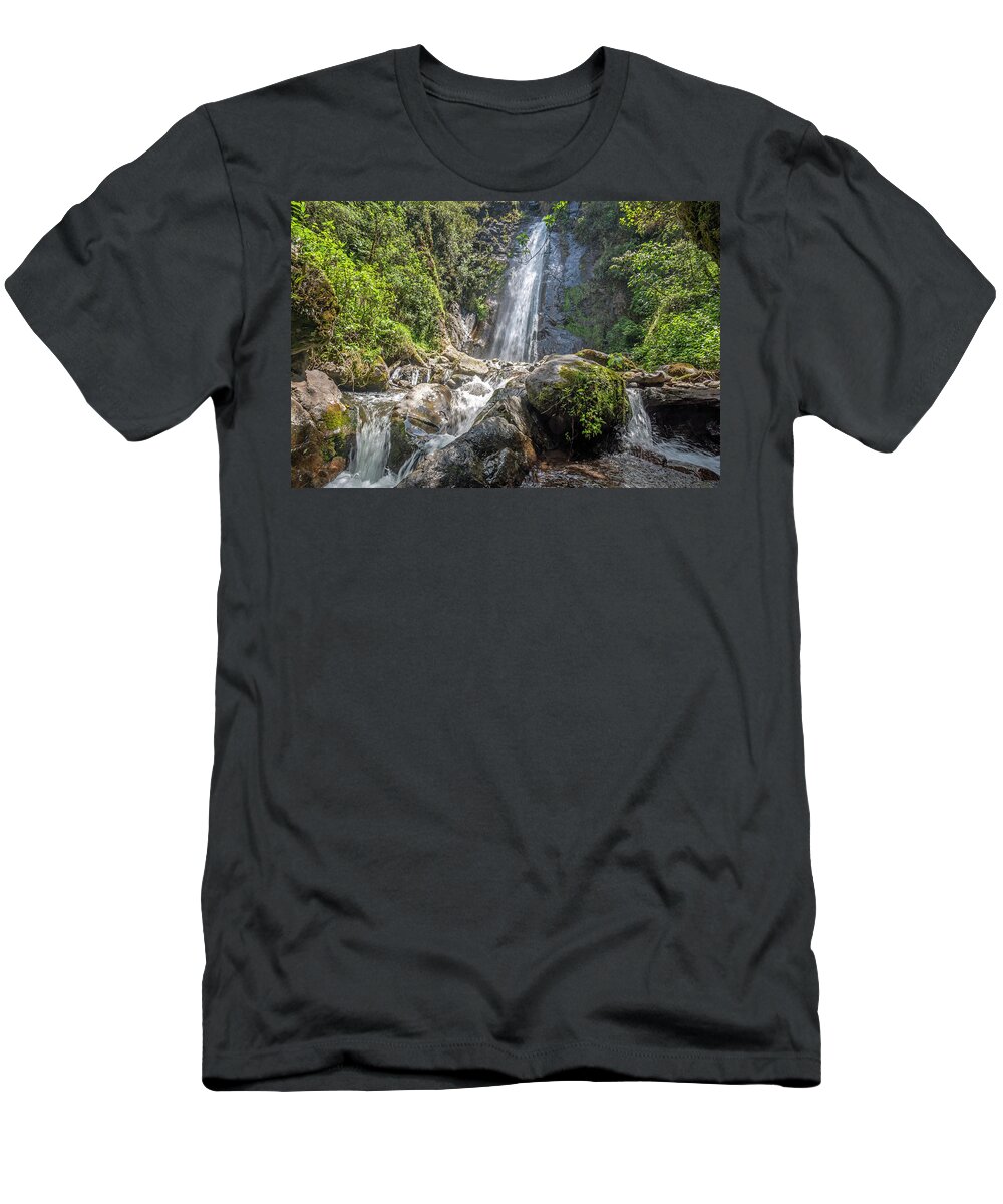 Andes T-Shirt featuring the photograph Mundug waterfall by Henri Leduc