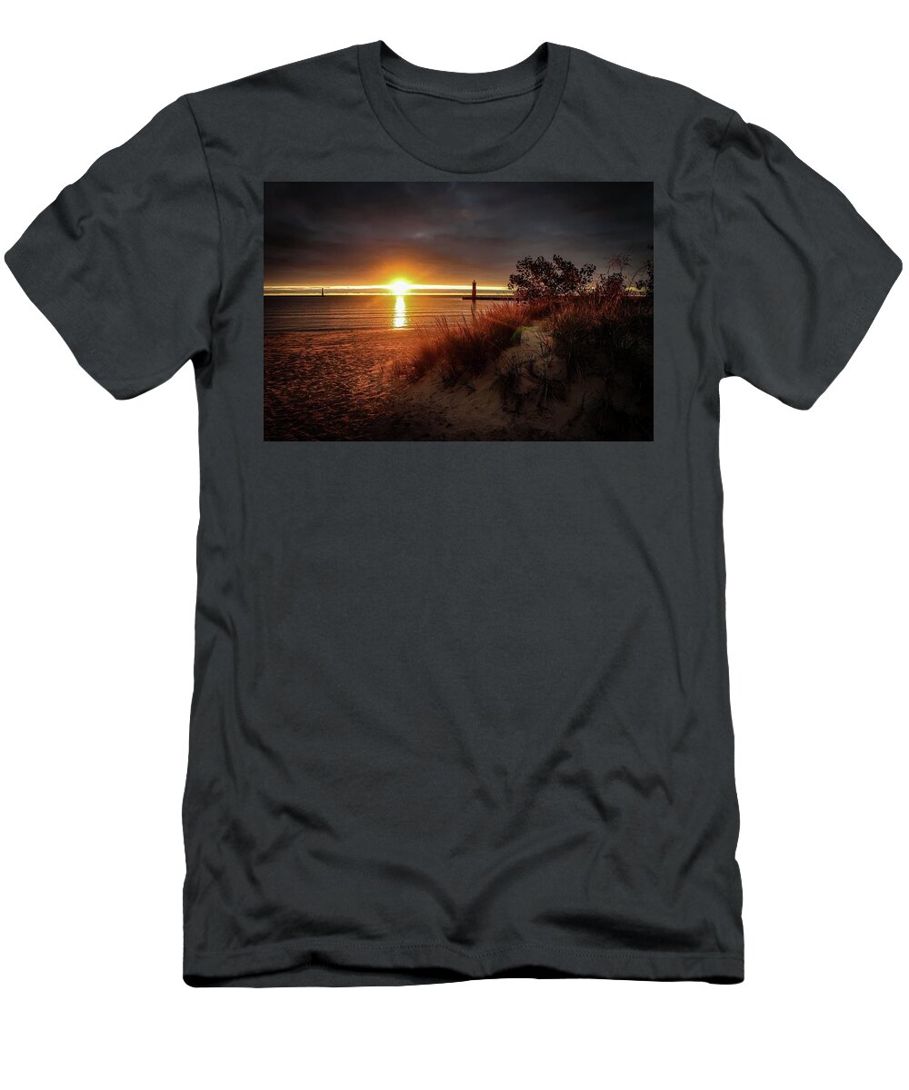  T-Shirt featuring the photograph Muskegon Lighthouse Sunset Bright Glow IMG_5937 by Michael Thomas