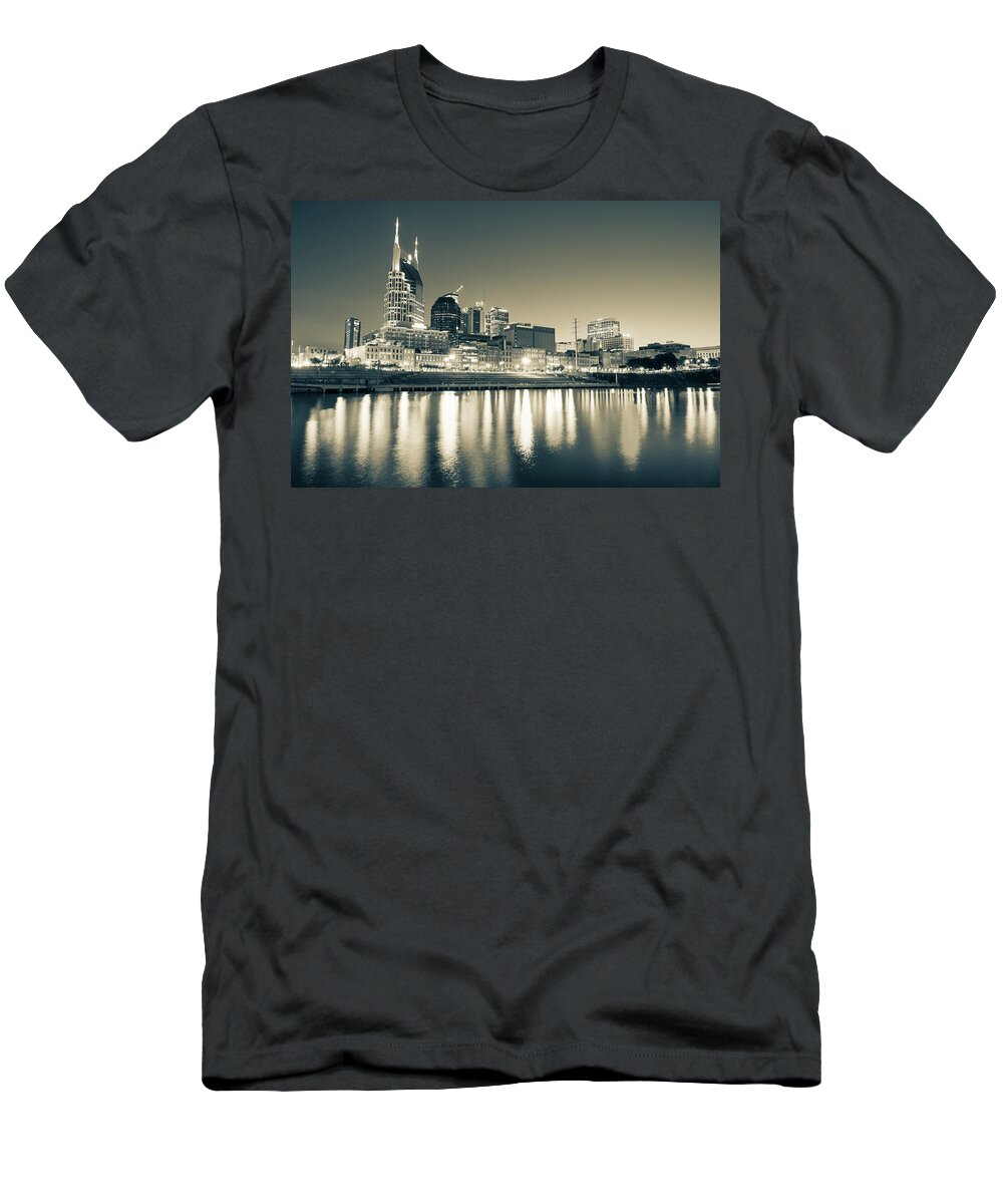 Nashville Skyline T-Shirt featuring the photograph Nashville Tennessee City Skyline At Dusk - Sepia Monochrome by Gregory Ballos