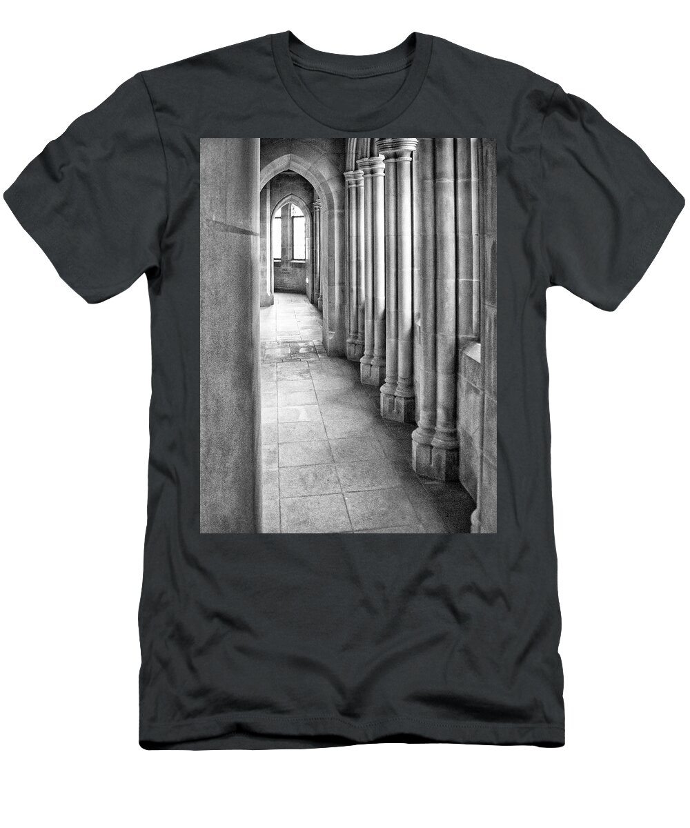 Cathedral T-Shirt featuring the photograph National Cathedral Hallway Washington DC by Mary Lee Dereske