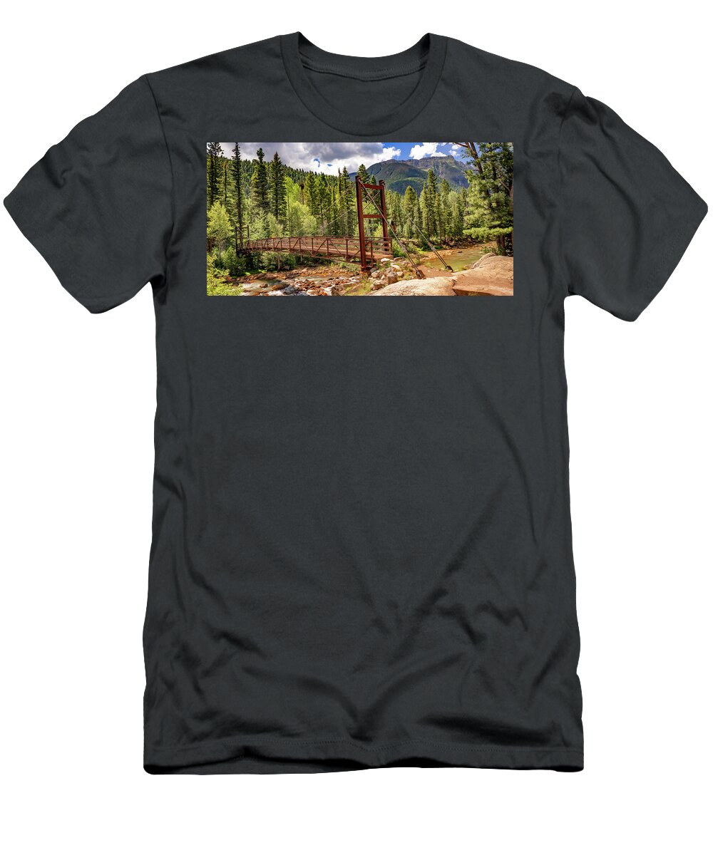 Durango Colorado T-Shirt featuring the photograph Needleton Suspension Bridge Panorama and San Juan Mountain Landscape by Gregory Ballos