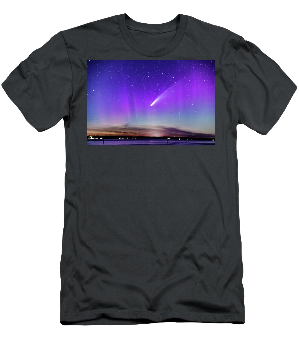 Neowise Comet T-Shirt featuring the photograph NEOWISE COMET with a splash of Northern Lights by Joe Holley