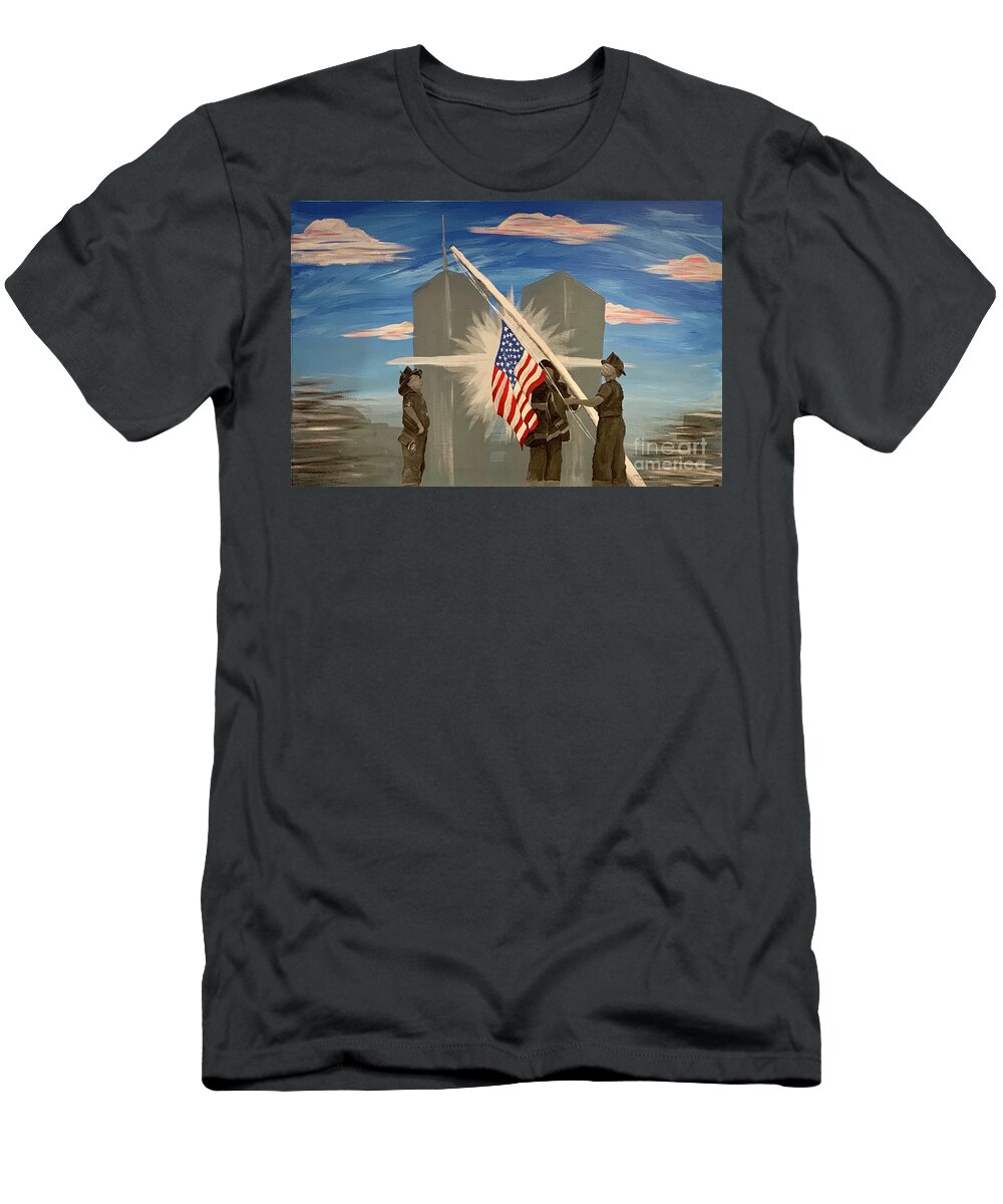 Twin Towers T-Shirt featuring the painting Never Forget 9/11 by Deena Withycombe