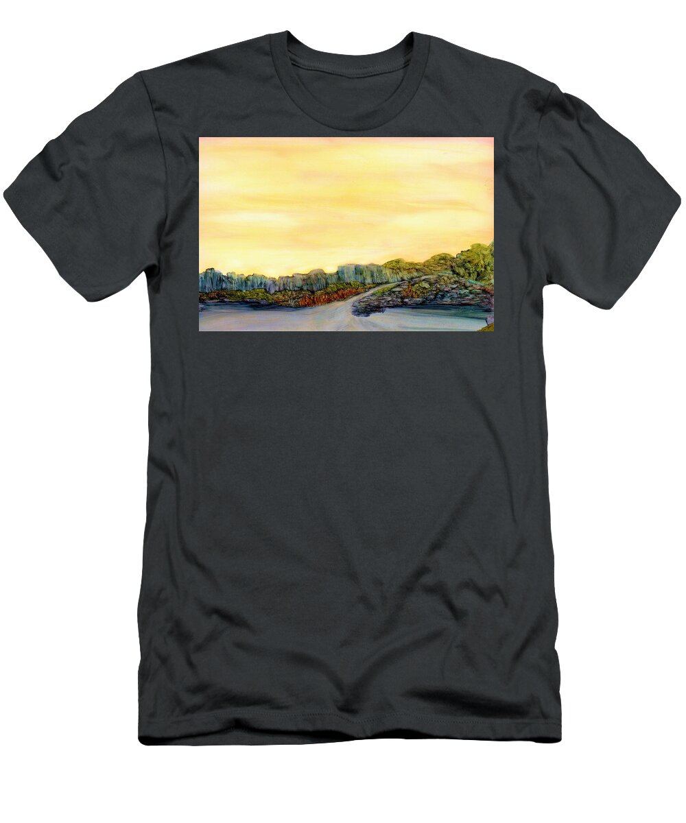 Sunrise T-Shirt featuring the painting New Mexico Skyline by Angela Marinari