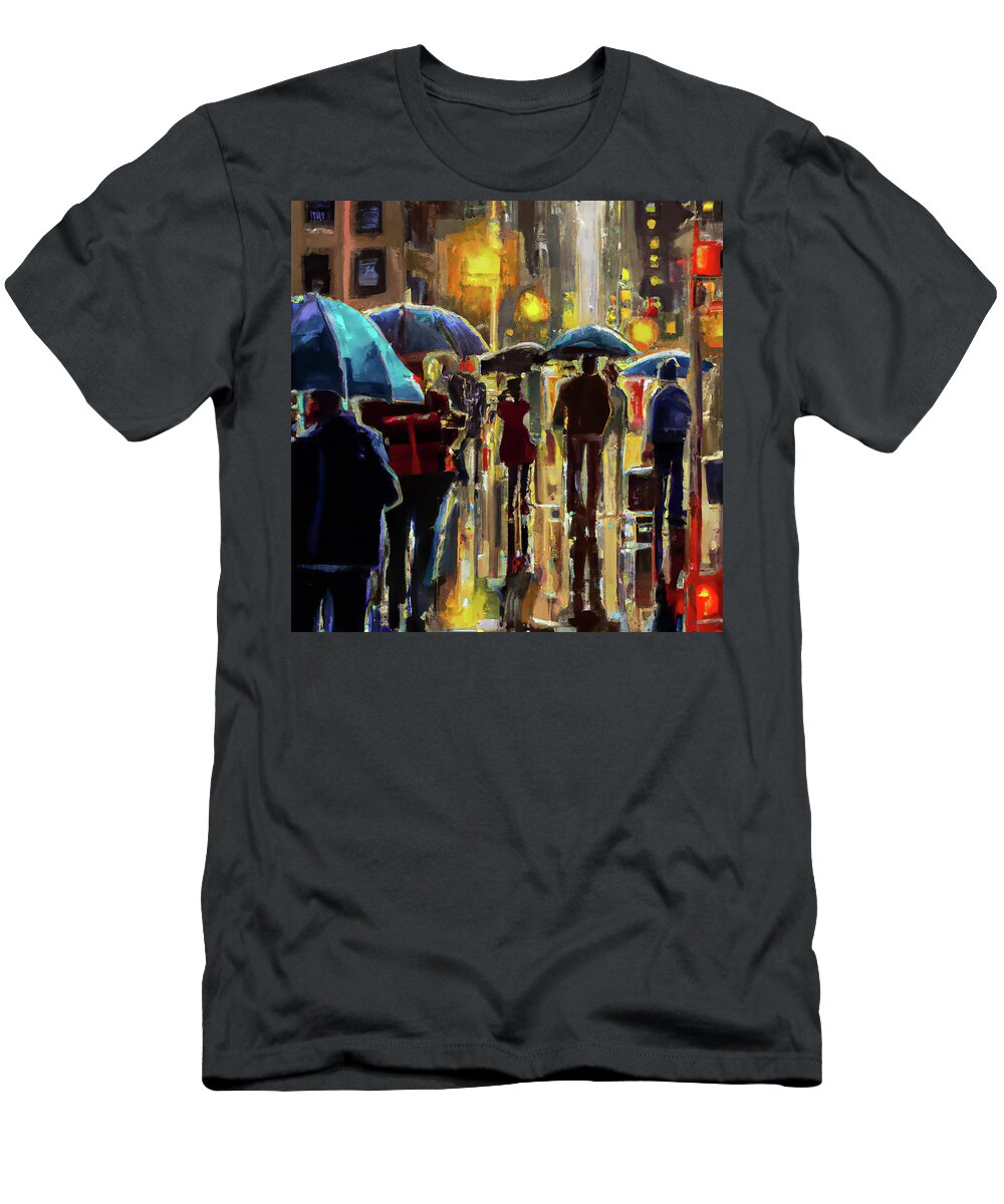 New York City T-Shirt featuring the digital art New York Nights in the Rain by Alison Frank