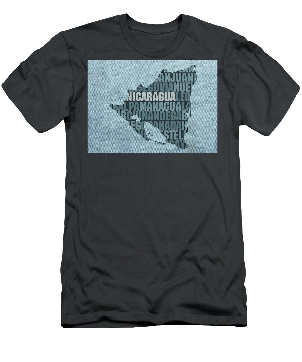 Nicaragua T-Shirt featuring the mixed media Nicaragua Country Word Map Typography On Distressed Canvas by Design Turnpike