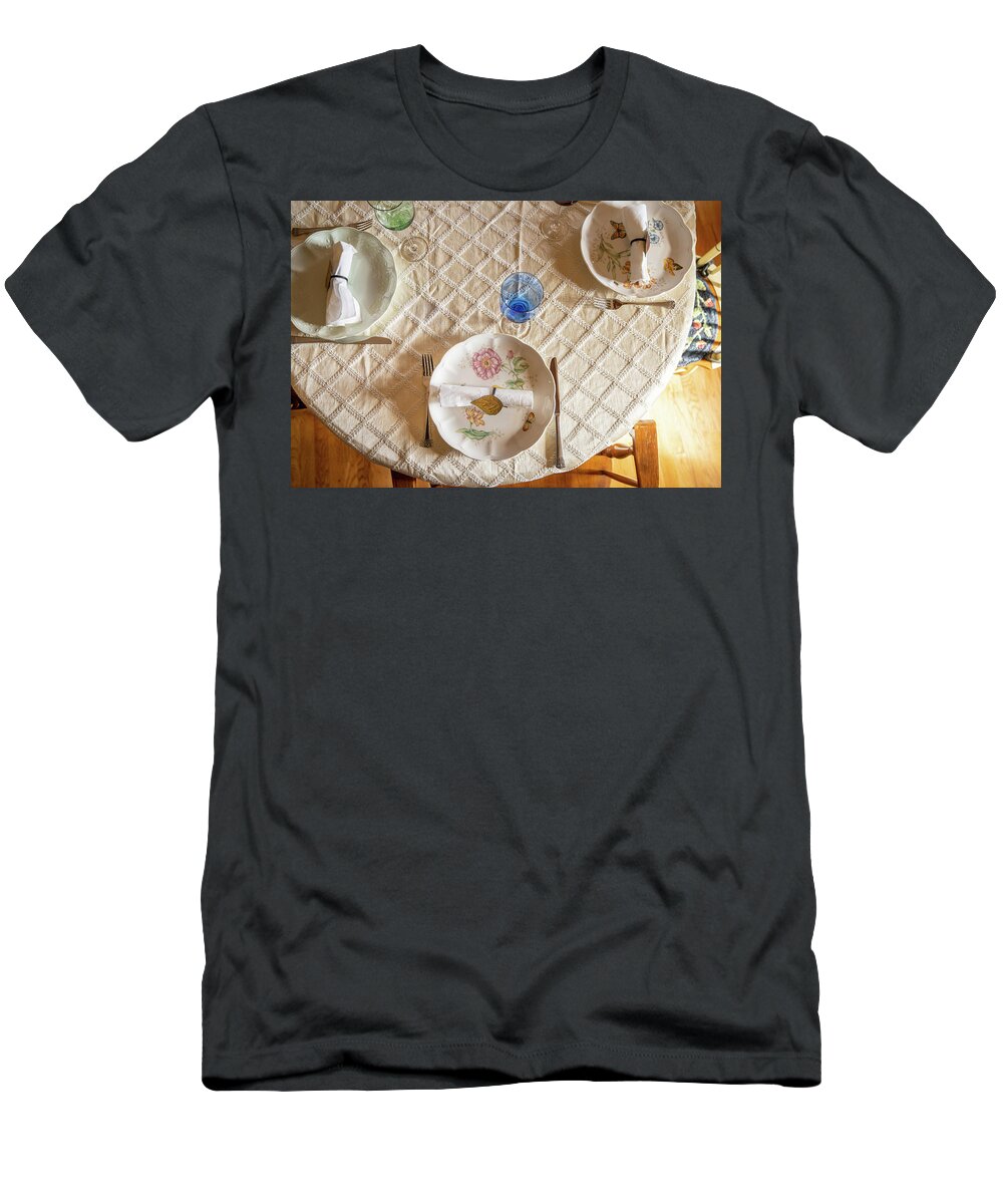 Arranging T-Shirt featuring the photograph Nice autumn tablesetting ready for a holiday meal. by Kyle Lee
