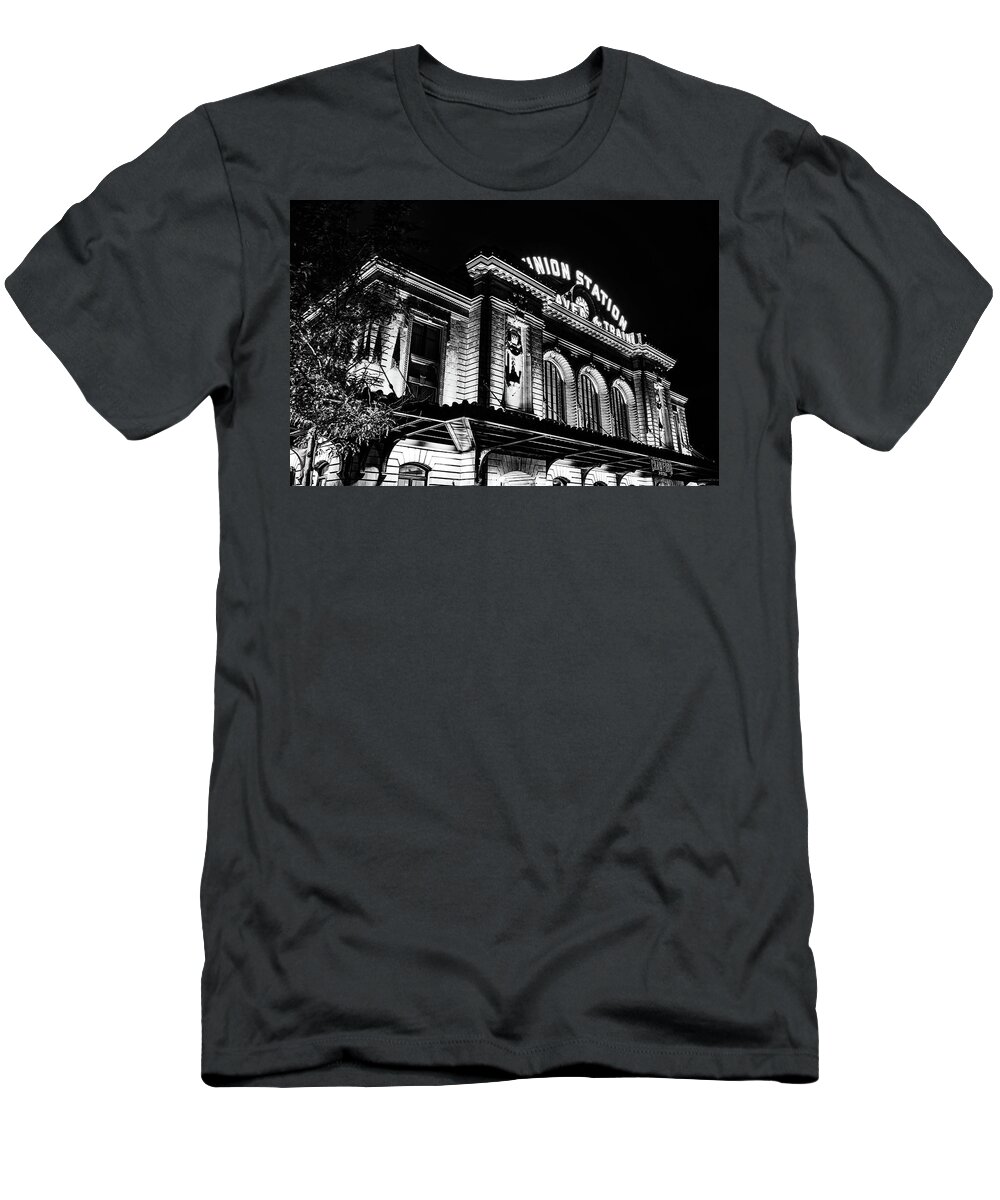 Denver Colorado T-Shirt featuring the photograph Night At Denver Union Station - Black and White by Gregory Ballos