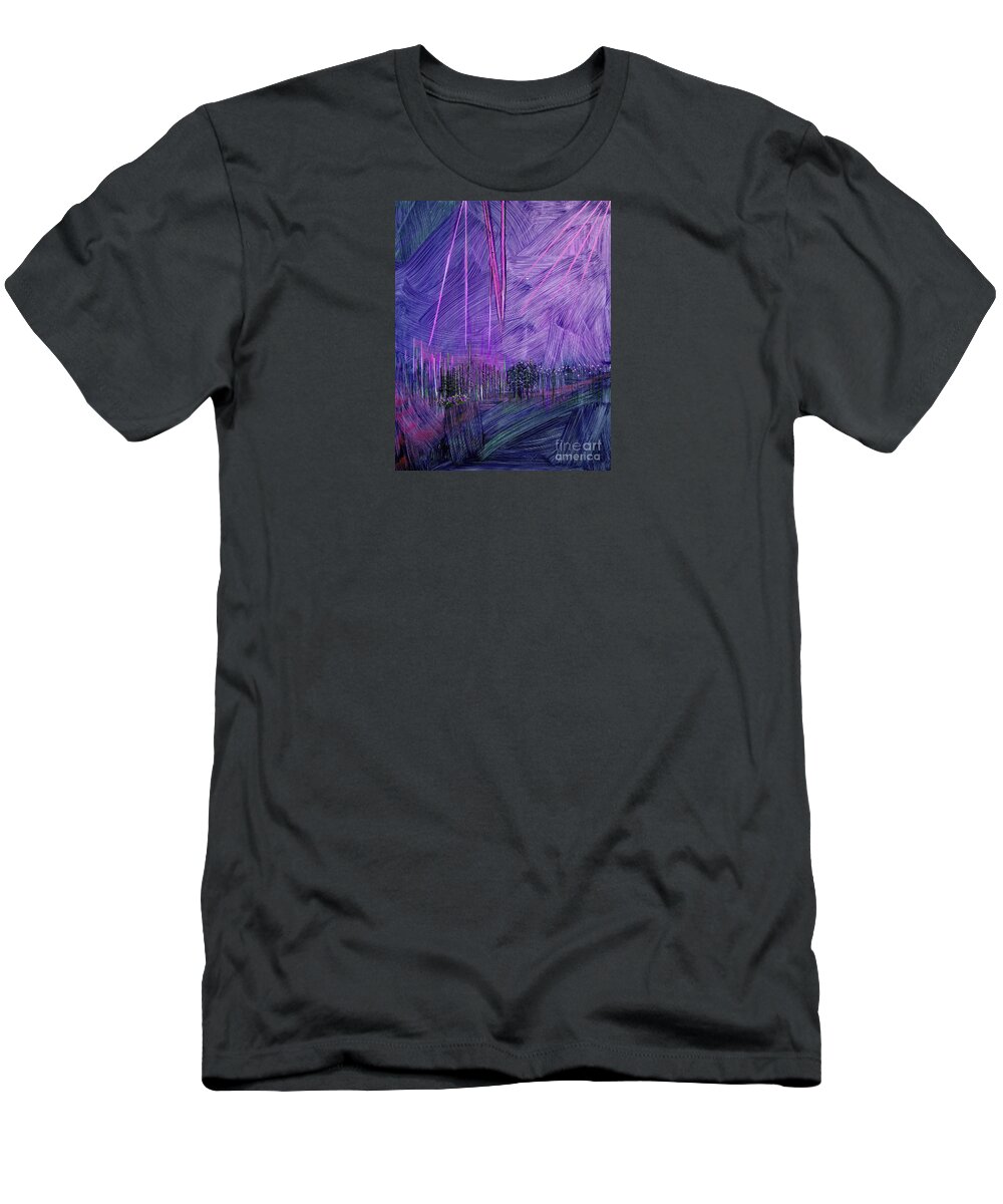 Landscape T-Shirt featuring the painting Night Lights in Purple by Corinne Carroll