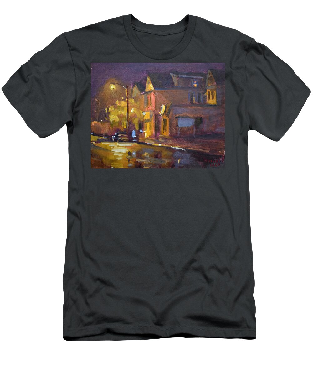 Landscape T-Shirt featuring the painting Night Scene at Pine Ave by Ylli Haruni