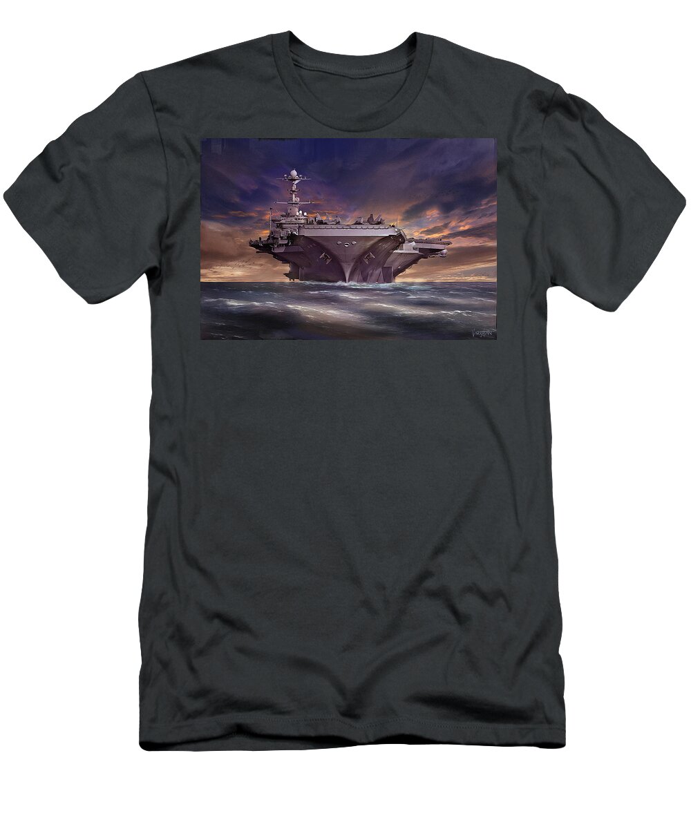 Navy T-Shirt featuring the digital art Nimitz Class - gold purple by James Vaughan
