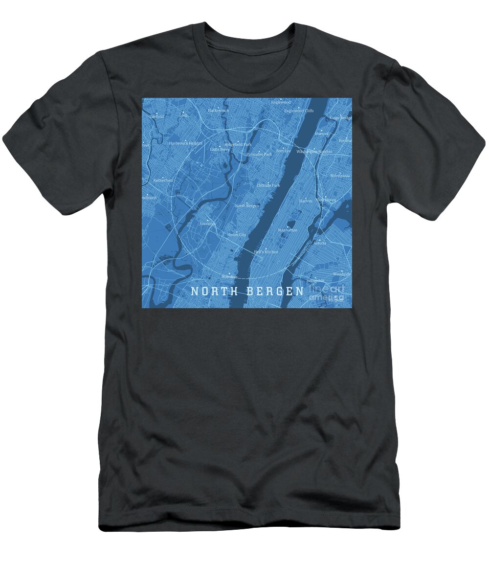 New Jersey T-Shirt featuring the digital art North Bergen NJ City Vector Road Map Blue Text by Frank Ramspott