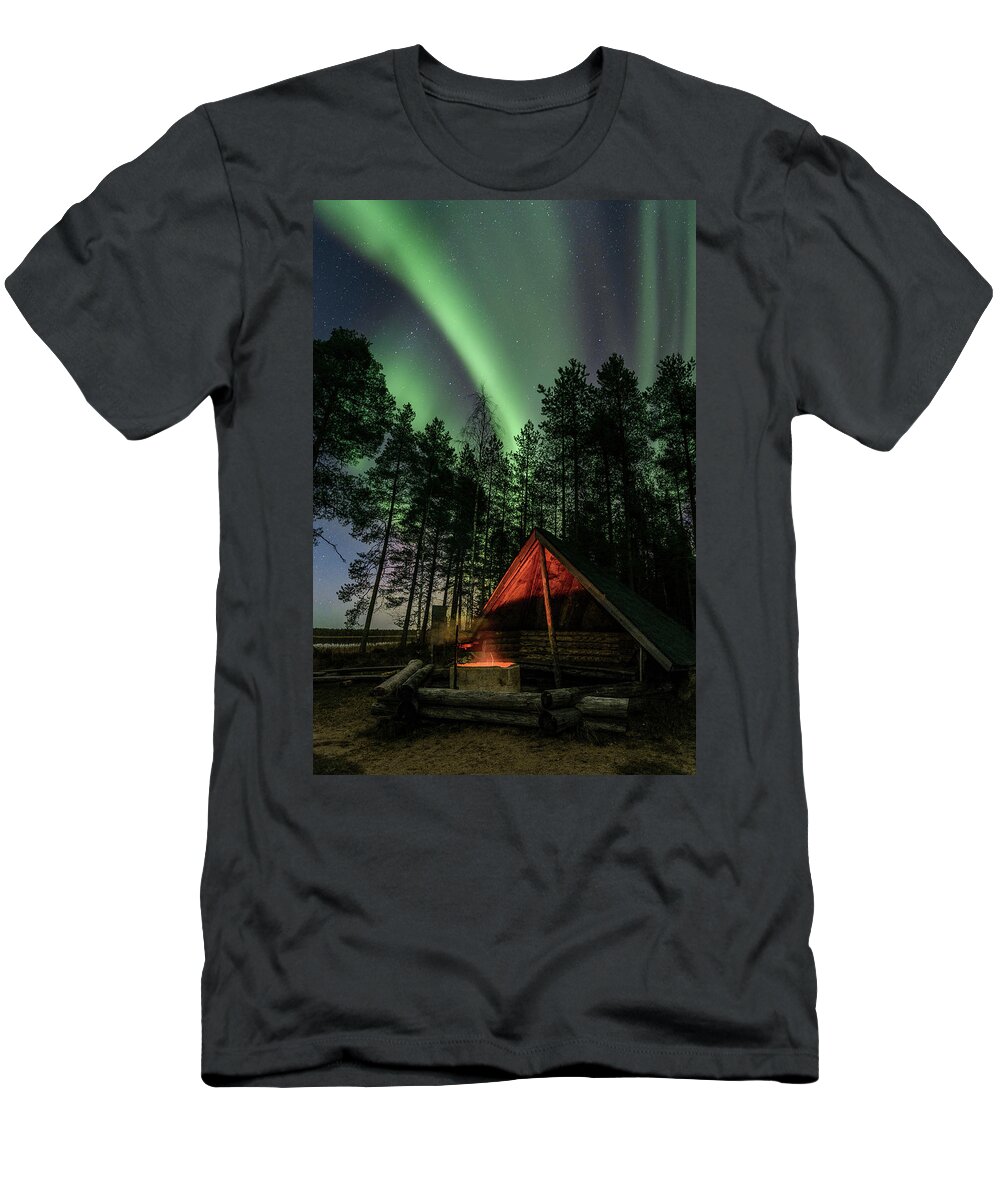 Aurora Borealis T-Shirt featuring the photograph Northern lights above a fire place by Thomas Kast