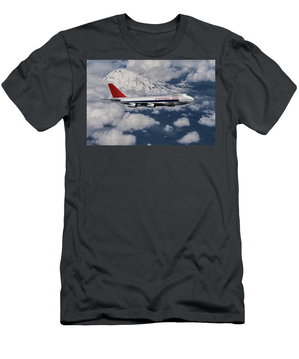 Northwest Orient Airlines T-Shirt featuring the mixed media Northwest Orient Airlines Boeing 747 and Mt. Rainier by Erik Simonsen
