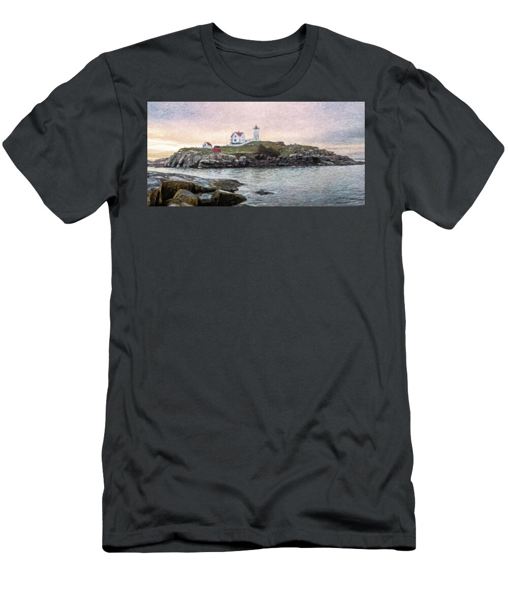 Nubble Light Sunrise Painting T-Shirt featuring the painting Nubble Lighthouse Impressionistic Painting by Dan Sproul