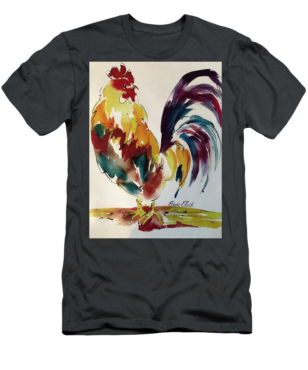 Rooster T-Shirt featuring the painting O how I hate to get up in the Morning by Elaine Elliott